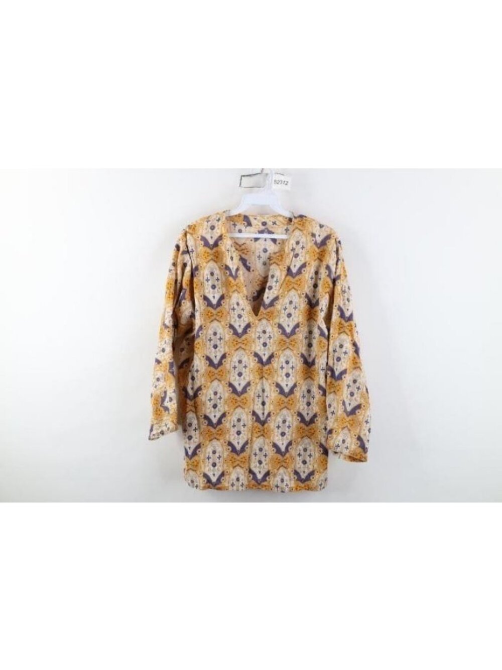 Vintage 70s Mid Century Modern Womens Large Batik Fabric Geometric Tunic Shirt